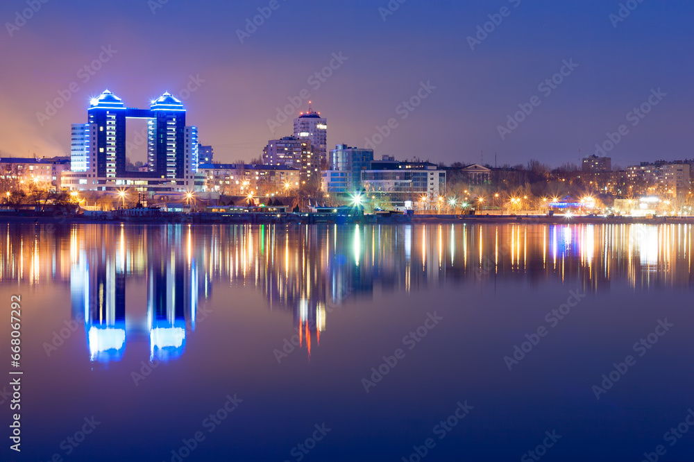 View of Zaporizhzhia city from Dnieper river in the evening