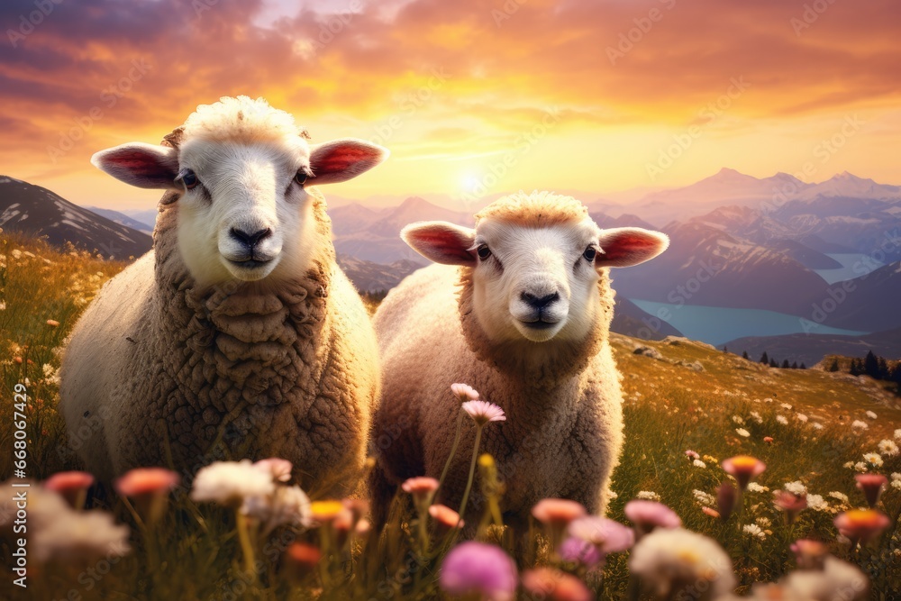 Sheep animal in the nice green and healthy landscape high in mountains. Generative Ai