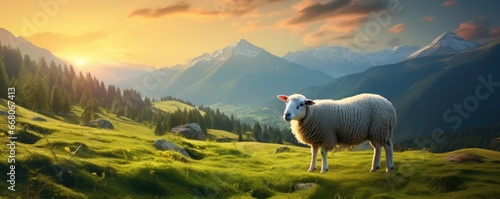Sheep animal in the nice green and healthy landscape high in mountains, panorama. Generative Ai © annamaria