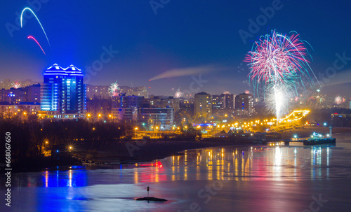 Fireforks over Zaporizhzhia during the first minutes of New Years eve celebration