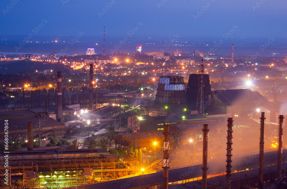 Evening view of metallurgical plants from the height of 150 m, Zaporizhzhia, Ukraine