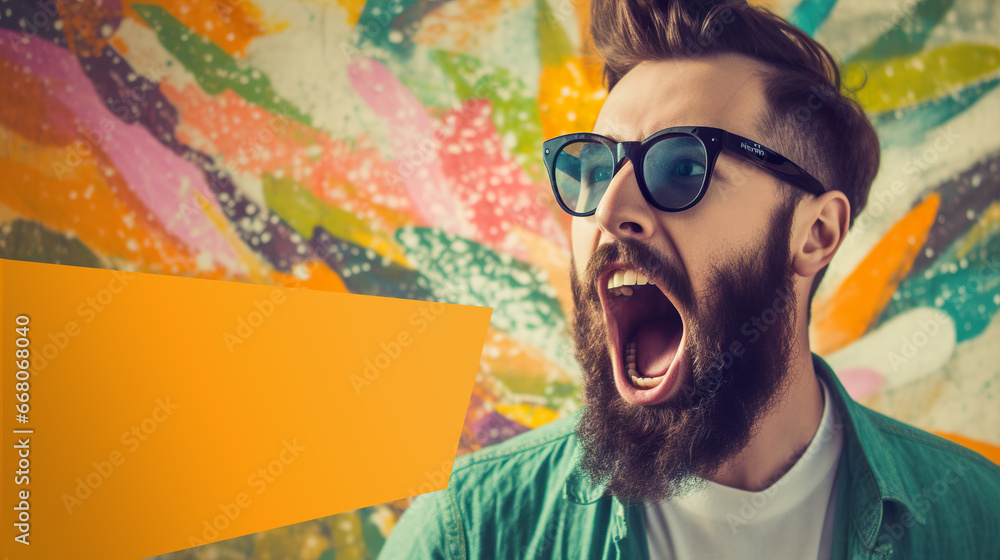 Hurry up. Stylish brunette woman screaming in loudspeaker, announces about final sales and discounts day, black friday - obrazy, fototapety, plakaty 