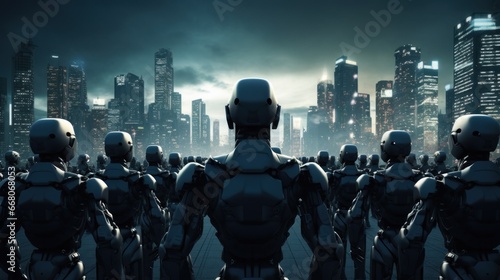 army of robots is approaching a big city. invasion of military robots. Dramatic apocalypse super realistic concept. Future.