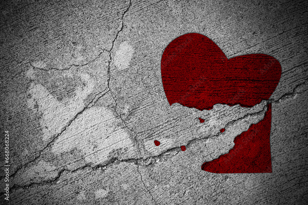 Φωτογραφία Heart Shape Red Paint Heartbreak Broken on Texture Cement Floor Crack Split Background Card Separation Relationship Uhappy Love Breakup Symbols Mockup Heartbreak Divorce Pictogram Symbols Space Scene