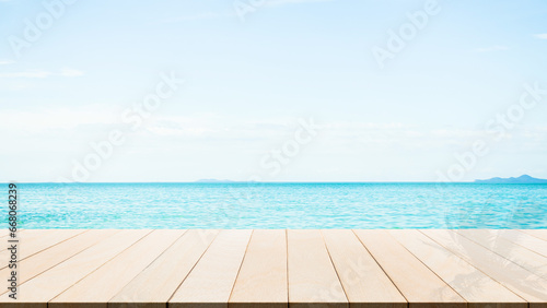 Summer Sea Table Background  Desk Mockup Product Tropical on Blue Ocean Cloud Sky at Coast Island Landscape Beautiful Image  Wood Floor Top Stage Podium Empty for Presentation Display  Nature.