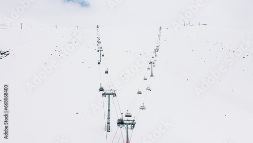Gondolas in the ski resort aerial view