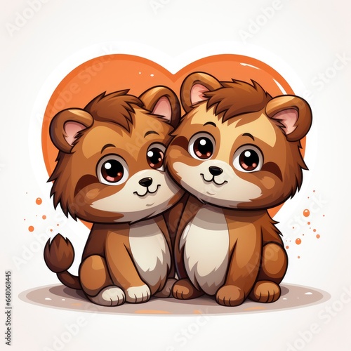 Lion Tiger Hug Love HeartIcon,Cartoon Illustration, For Printing photo