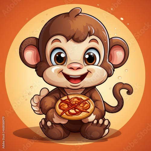 Monkey Holding PizzaIcon,Cartoon Illustration, For Printing photo