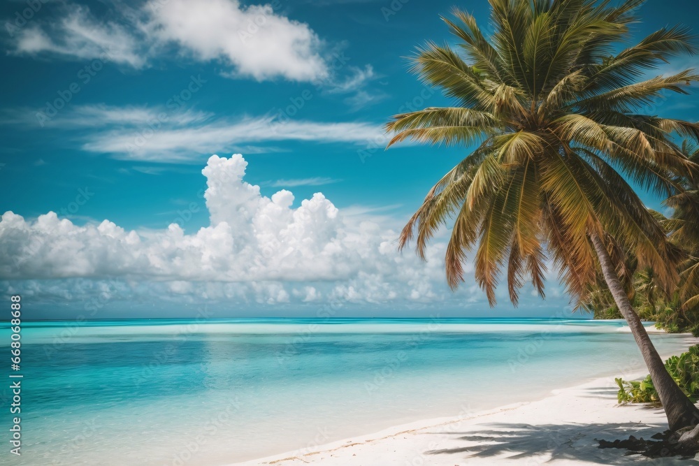 Beautiful tropical beach with white sand, turquoise ocean on background blue sky with clouds on sunny summer day. Palm tree leaned over water. Generative Ai.
