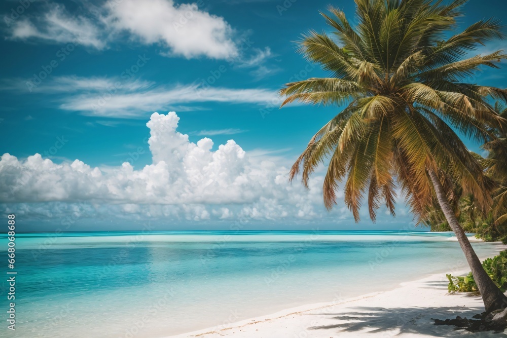Beautiful tropical beach with white sand, turquoise ocean on background blue sky with clouds on sunny summer day. Palm tree leaned over water. Generative Ai. Beautiful tropical beach with white sand, turquoise ocean on background blue sky with clouds on sunny summer day. Palm tree leaned over water. Generative Ai.