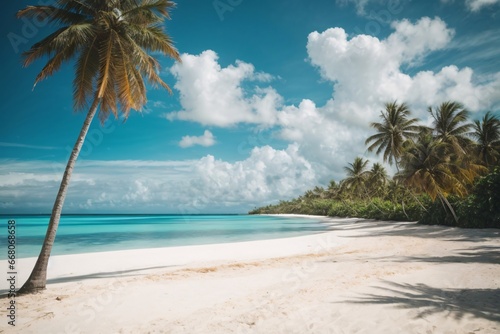 Beautiful tropical beach with white sand  turquoise ocean on background blue sky with clouds on sunny summer day. Palm tree leaned over water. Generative Ai.