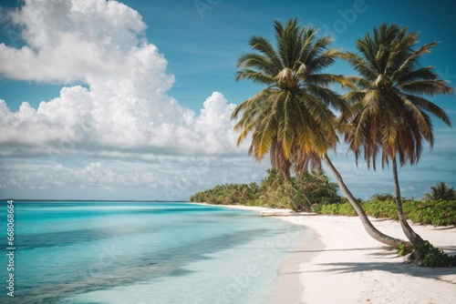 Beautiful tropical beach with white sand  turquoise ocean on background blue sky with clouds on sunny summer day. Palm tree leaned over water. Generative Ai.