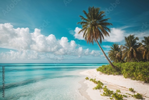 Beautiful tropical beach with white sand  turquoise ocean on background blue sky with clouds on sunny summer day. Palm tree leaned over water. Generative Ai.