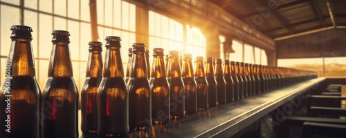 Beer glass bottles with fresh waterdrops on with empty white labels in factory, panorama. Generative Ai. photo