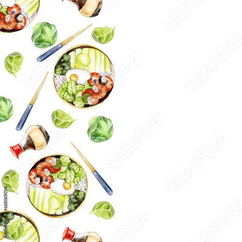 Watercolor asian food illustration seamless border. Korean traditional poke , soy sauce, bussel's cabbage and chopsticks banner. Chinese, japanese luch. Isolated for menu, restaurant, cafe design photo