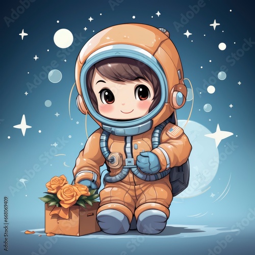 Astronaut Holding Gift BoxIcon,Cartoon Illustration, For Printing photo