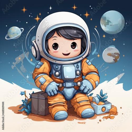 Astronaut Holding Gift BoxIcon,Cartoon Illustration, For Printing