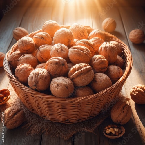 hazelnuts in a basket on a wooden table background sunshine