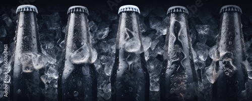 Cold beer glass bottles with fresh waterdrops on, panorama. Generative Ai.