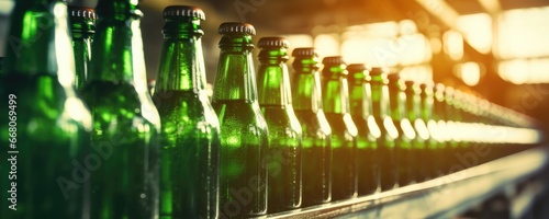 Beer glass bottles with fresh waterdrops on with empty white labels in factory  panorama. Generative Ai.