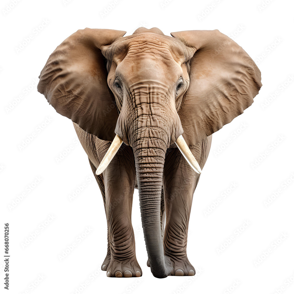 Elephant PNG. Elephant isolated PNG. Elephant with big tusks looking into the camera PNG. African wildlife