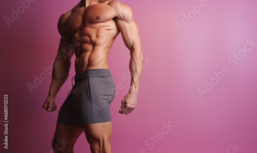 Male fitness model shirtless torso from profile slightly tilted in front of pink background photo