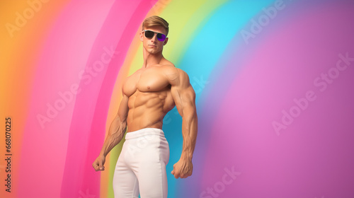  Young shirtless muscular man posing in front of rainbow background in gay concept shot photo