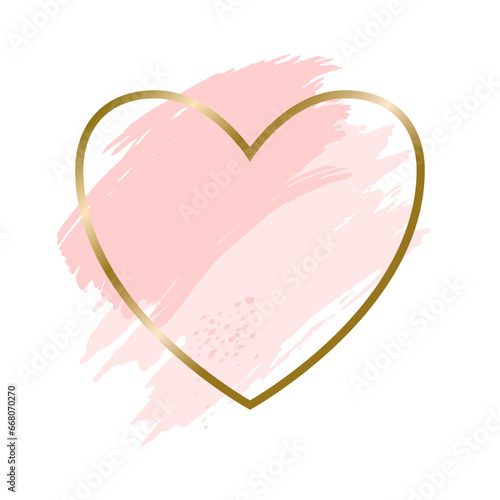Golden heart shape frame over pink brush strokes. Abstract grunge romantic background. Valentine's Day greeting card.