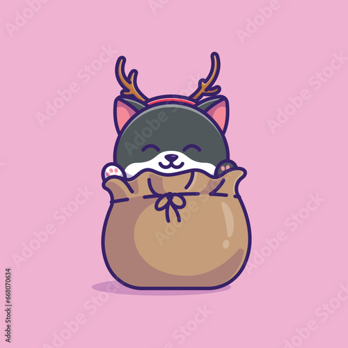 Cute cat in santa sack simple cartoon vector illustration christmas concept icon isolated