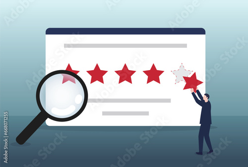 Customer reviews. People rate, online comment, recommend and give 5 stars. Positive feedback, client satisfaction concepts. Smartphone, mobile phone with testimonials on screen. Modern flat design.
