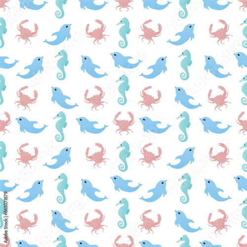 Dynamic cute dolphin, crab and seahorse seamless pattern for kids, creative design textile, items and more 
