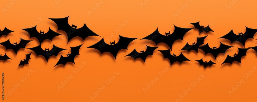 Fototapeta premium Halloween wallpaper with scary forest pumpkins and bats, banner panorama. Generative Ai.