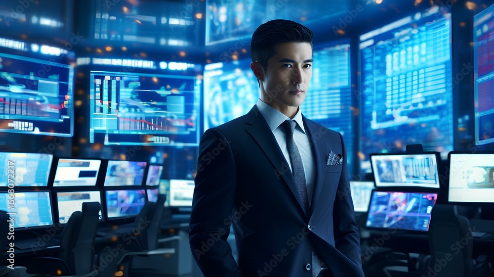 A high-powered asian businessman in a sleek suit, surrounded by screens displaying real-time market data, blue glow design. generative AI A high-powered asian businessman in a sleek suit, surrounded by screens displaying real-time market data, blue glow design. generative AI