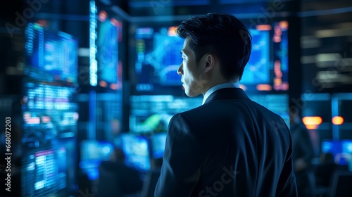 A high-powered asian businessman in a sleek suit, surrounded by screens displaying real-time market data, blue glow design. generative AI
