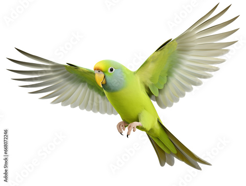 Flying parrot isolated on white background with clipping path. Green parakeet bird.