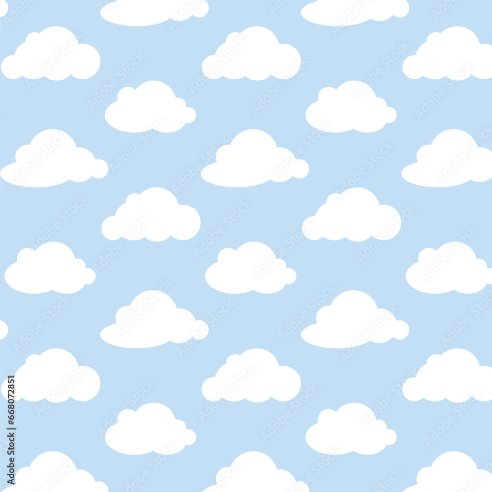 Cute Cloudy Seamless Pattern on Blue Background. Hand Drawn Vector Illustration. Nursery Wall Art for Baby Boy And Baby Girl. Great for Textile, Fabric Prints, Wrapping Paper.