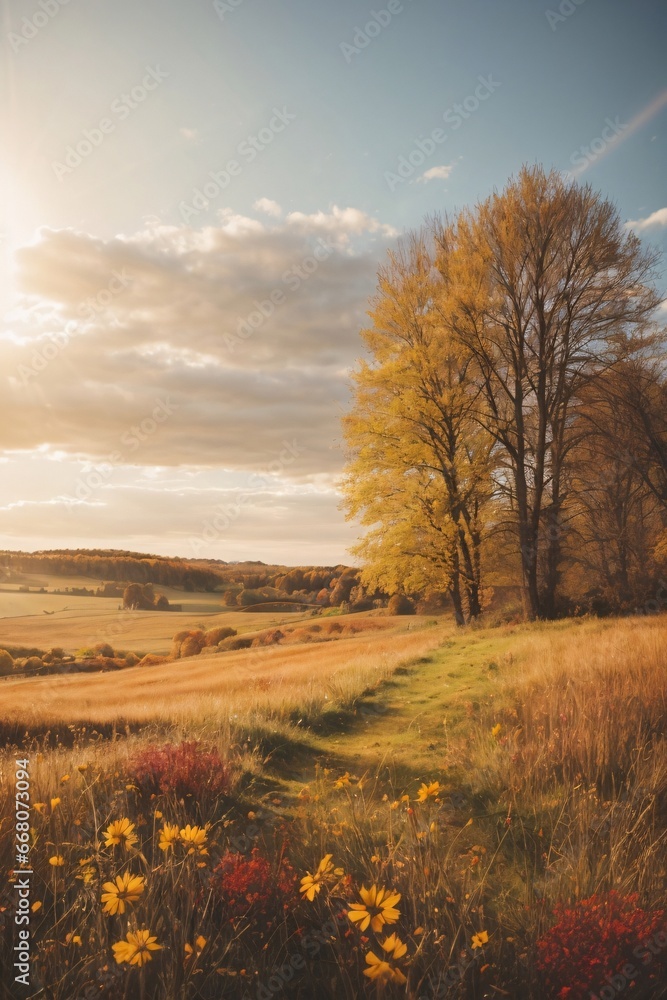 Fototapeta premium Vintage watercolor illustration of autumn meadow with small wildflowers during late autumn sunset with a sunflares in the background. Generative AI.