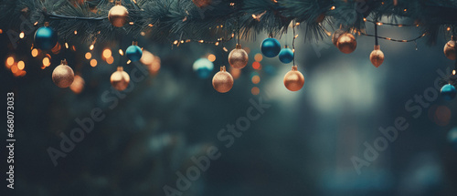 Christmas and New Year background. Decorated Christmas tree on blurred bokeh background.