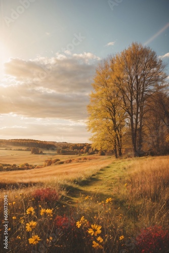 Vintage watercolor illustration of autumn meadow with small wildflowers during late autumn sunset with a sunflares in the background. Generative AI.