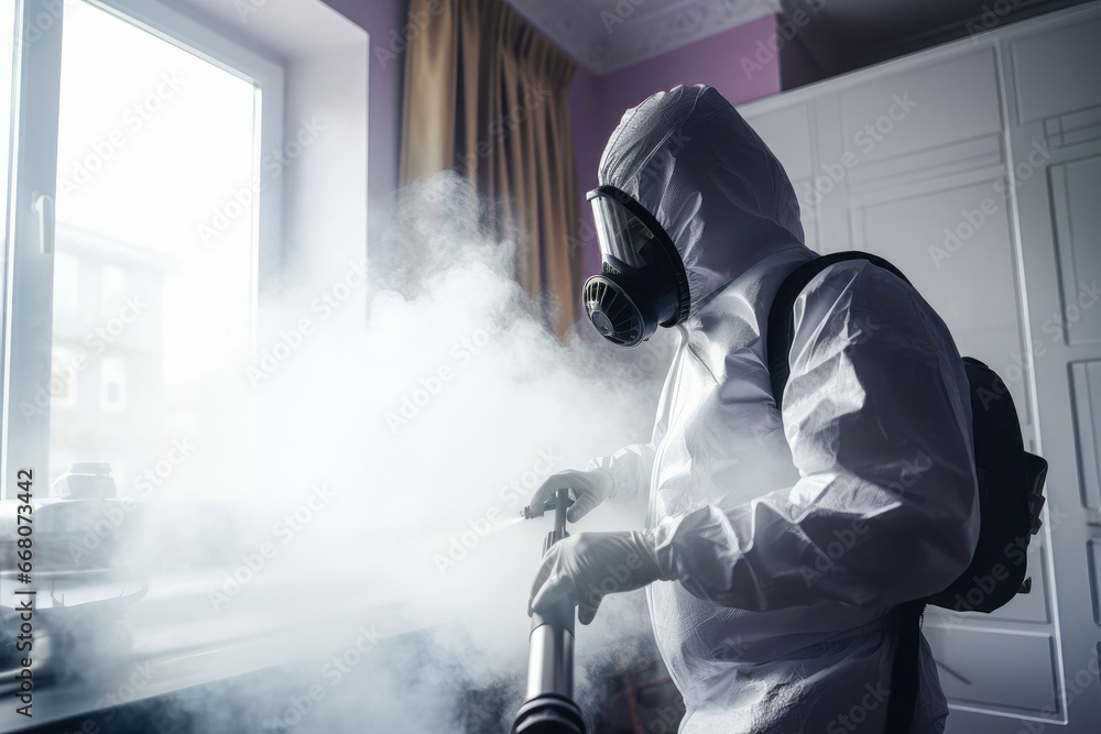 Worker in biohazard suit cleaning and disinfecting house interior surfaces. Sanitizing, fumigation, prevention and epidemic and pest control. - obrazy, fototapety, plakaty 
