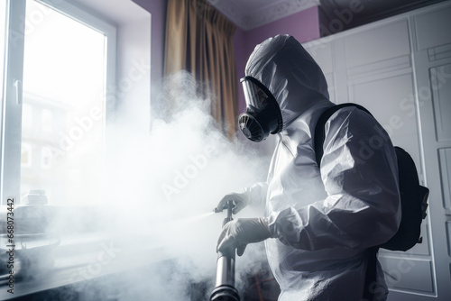 Worker in biohazard suit cleaning and disinfecting house interior surfaces. Sanitizing, fumigation, prevention and epidemic and pest control. photo