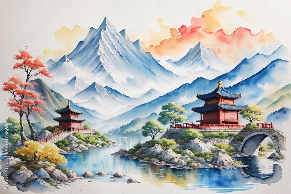 watercolor painting of mountainscape with a river, chinese style. Generative Ai.