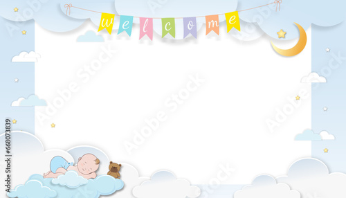 Baby shower card,Cute little blue sleeping on fluffy cloud with crescent moon,star on blue sky and cloud background,Vector Paper cut cloudscape backdrop with copy space for newborn baby's photo