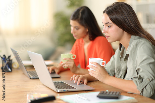 Two tele workers working on laptops at home