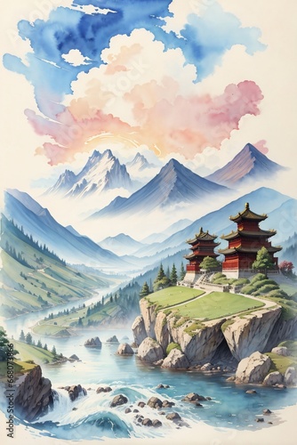 watercolor painting of mountainscape with a river  chinese style. Generative Ai.