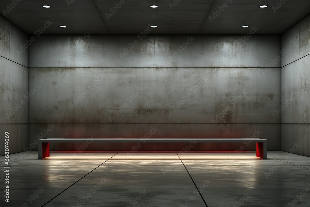 An abstract background image of a dark concrete interior, accentuated by spotlights, and featuring an oversized bench, creating an industrial atmosphere. Photorealistic illustration An abstract background image of a dark concrete interior, accentuated by spotlights, and featuring an oversized bench, creating an industrial atmosphere. Photorealistic illustration