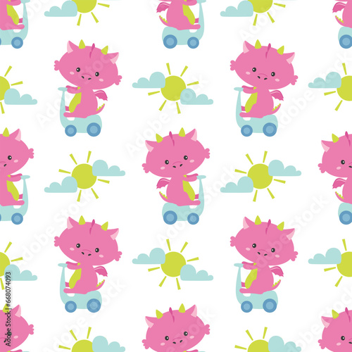 cute vector illustration with cartoon dragon riding scooter, cartoon seamless pattern of funny dinosaur in childish style, concept travel adventure