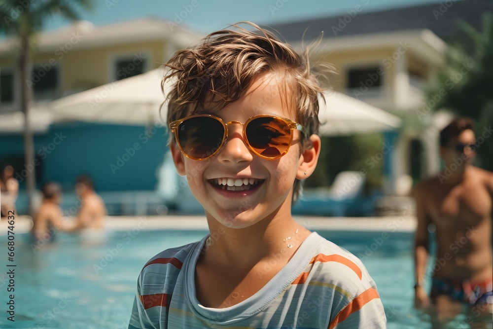 Happy kid boy with a sunglasses playing in the pool on a sunny summer day. Generative Ai. Happy kid boy with a sunglasses playing in the pool on a sunny summer day. Generative Ai.