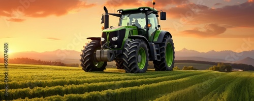 Modern tractor standing in the field with colorful sunset light, panorama. Generative Ai.