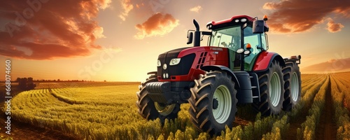Modern tractor standing in the  field with colorful sunset light, panorama. Generative Ai.